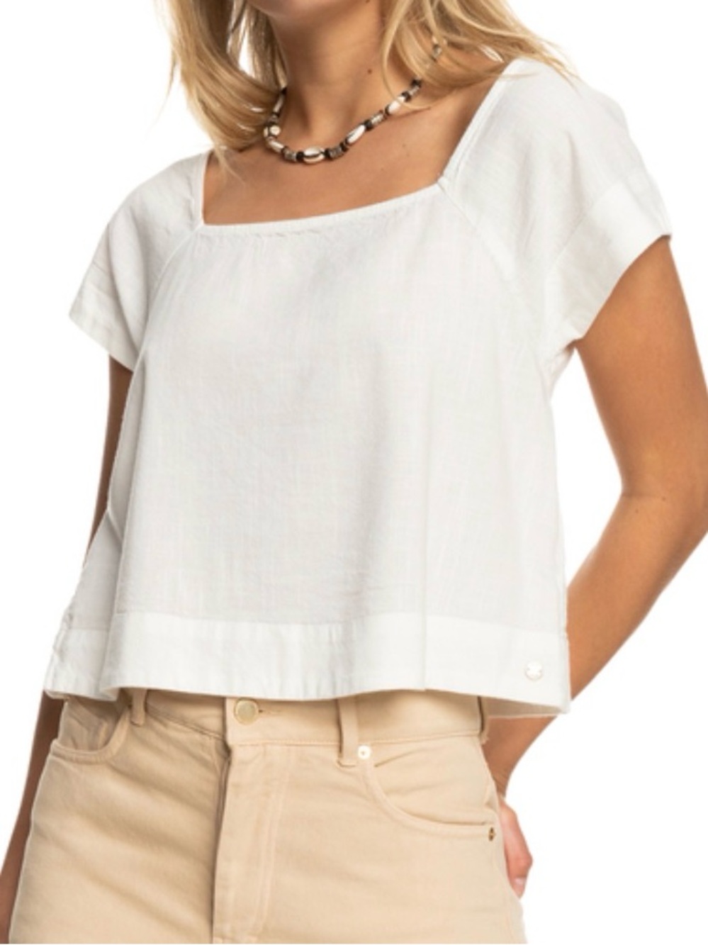 Roxy Ocean Amor White Square-Neck Short Sleeve Crop Top Size L